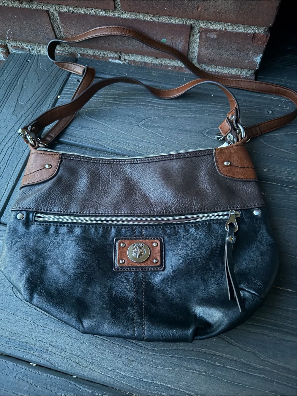 Relic Prescott Black & Brown Leather Shopper Bag – Two-Tone Hobo Purse